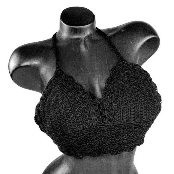 Boho Black Crochet Anemone Black Crop Halter Top. New ~ One Size! - Picture 3 of 7